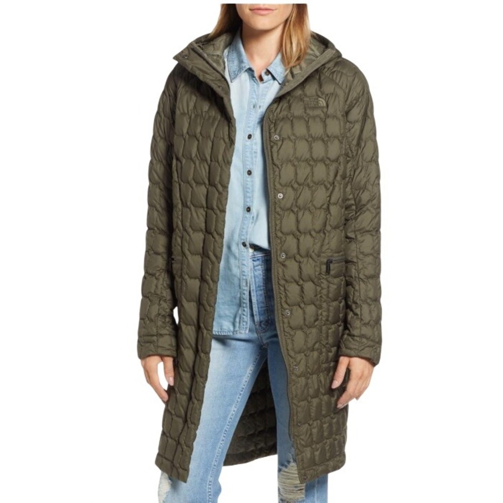 The North Face Womens S Olive Green ThermoBall Duster Hooded Quilted Parka Coat